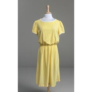 Vintage Lynn Davis 80s Midi Dress Yellow Elastic Waist Cottagecore Casual Large